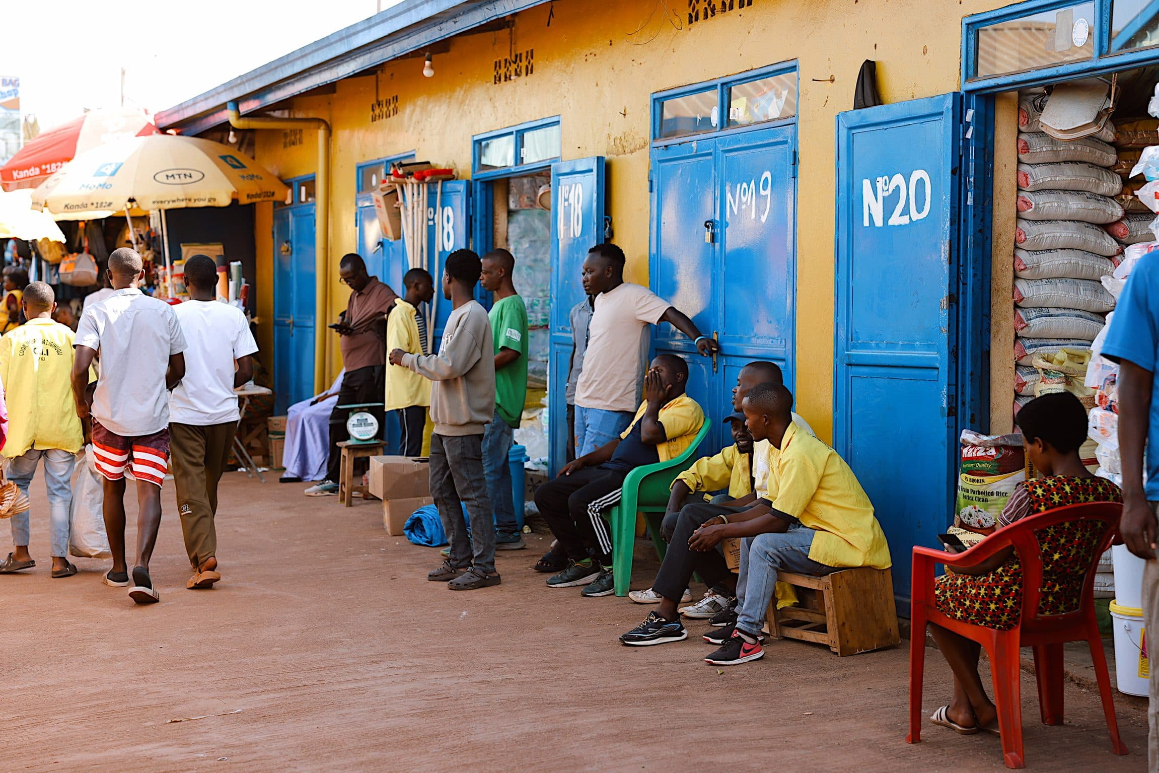 Shops with blue doors on a Kigali street
