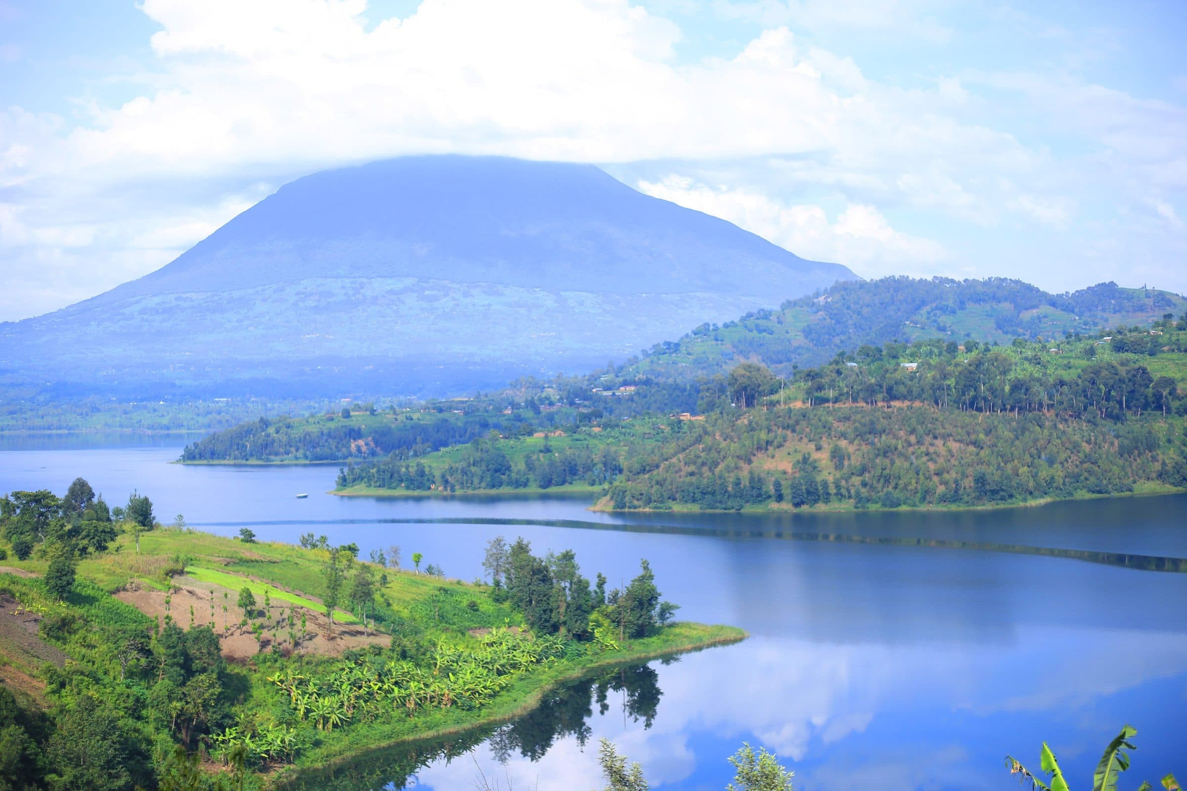 Lake Ruhondo with the Virunga volcanoes behind