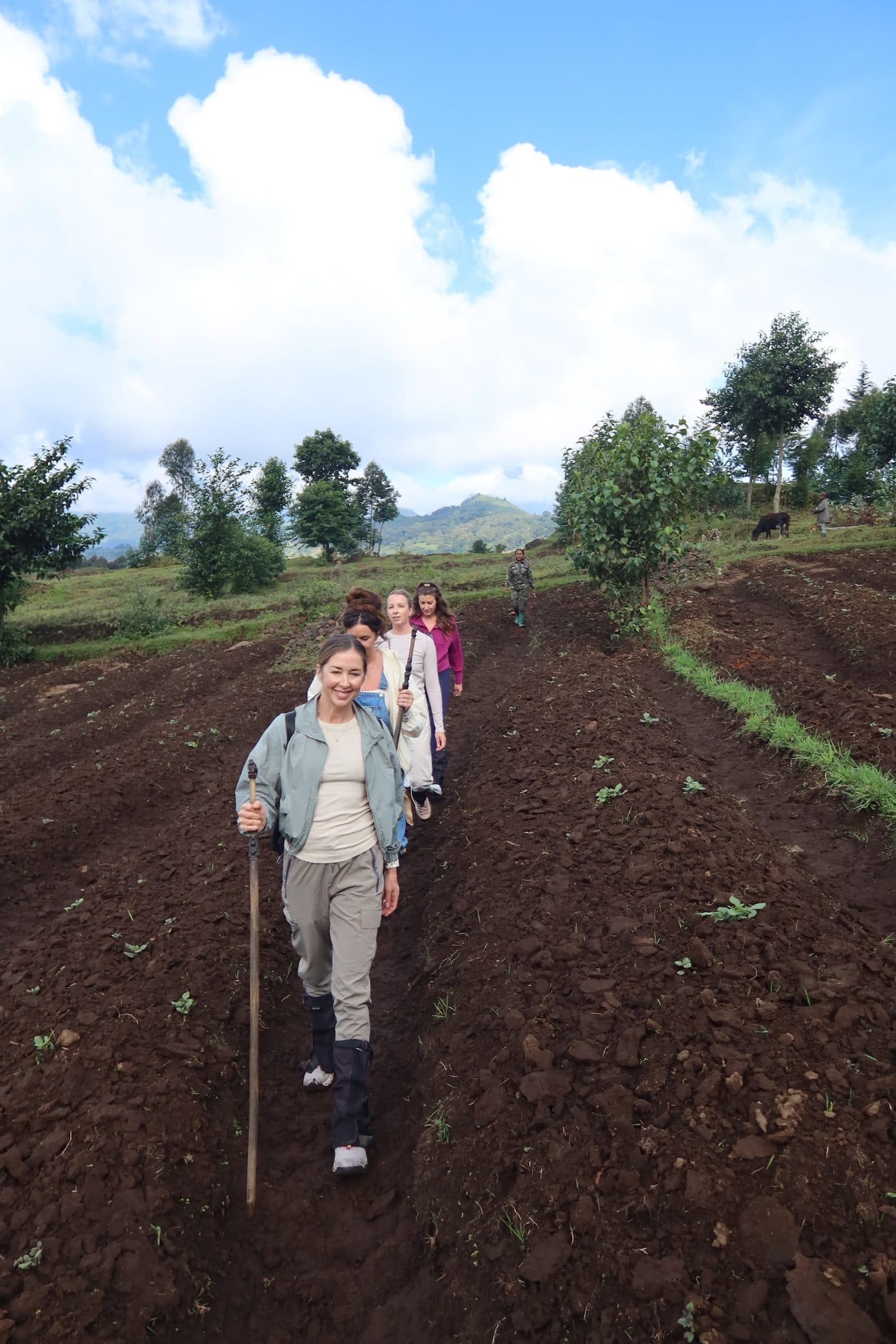 Trail through farmland at the foot of the volcanoes